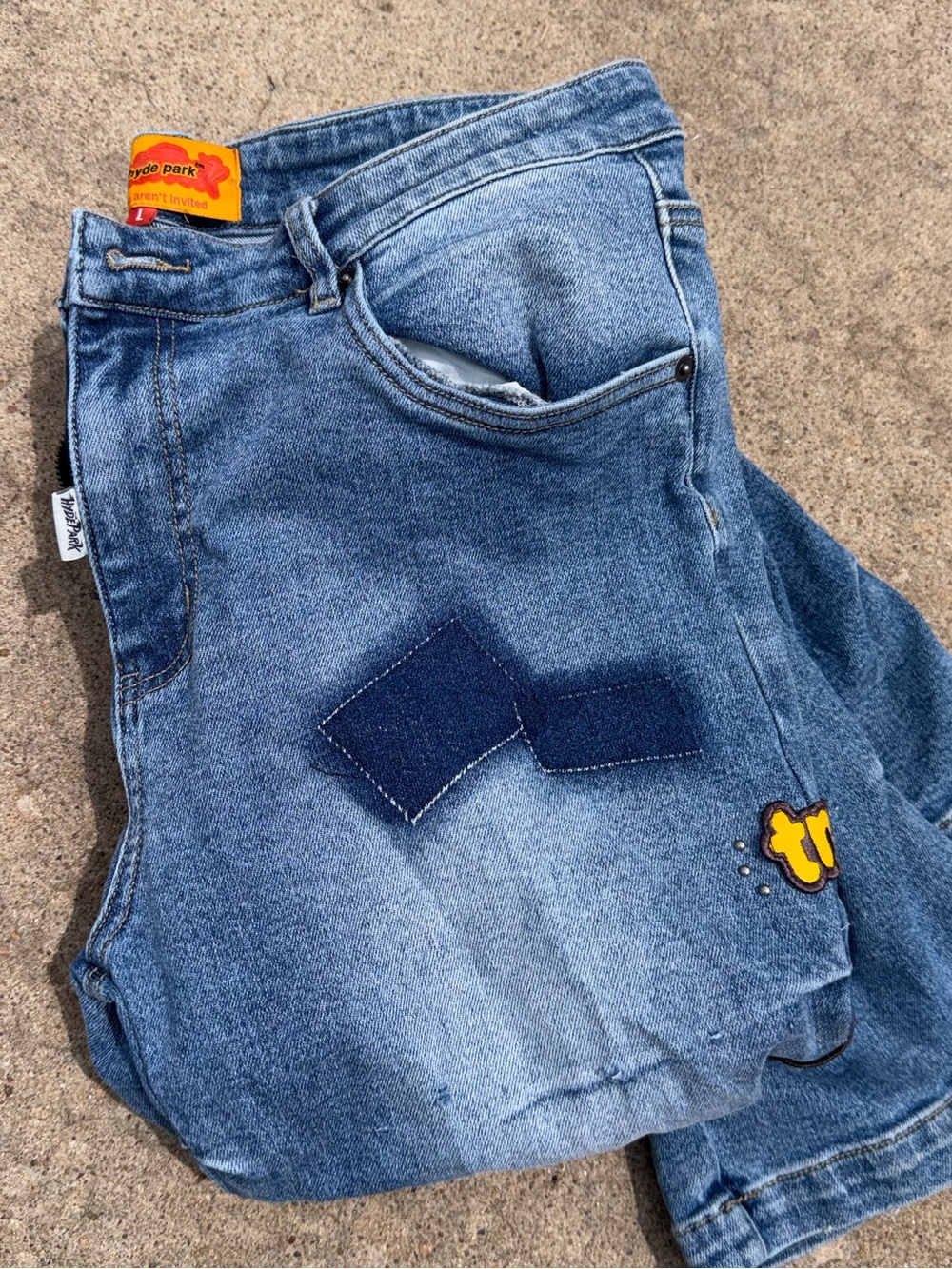Hyde Park Crinkle Denim Jeans Blue Stacked Flare Patchwork Streetwear Mens lg